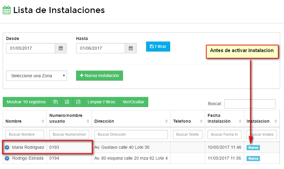 Antes de activar instalacion - listado de instalaciones
