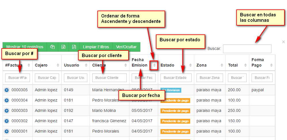 Filtrar en facturas