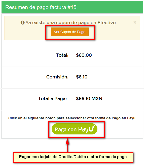 Ver cupón o pagar con otra forma de pago en Payu Wisphub