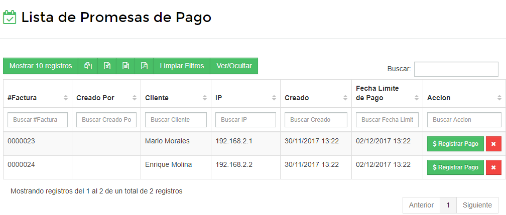 Lista de promesas de Pago